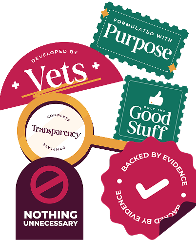 Backed by evidence, only the good stuff, formulated with purpose, complete transparency, nothing unnecessary, developed by vets